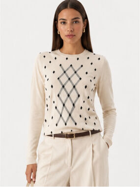 Lizgolf Ivory Argyle Diamond Knit Sweater Size Small